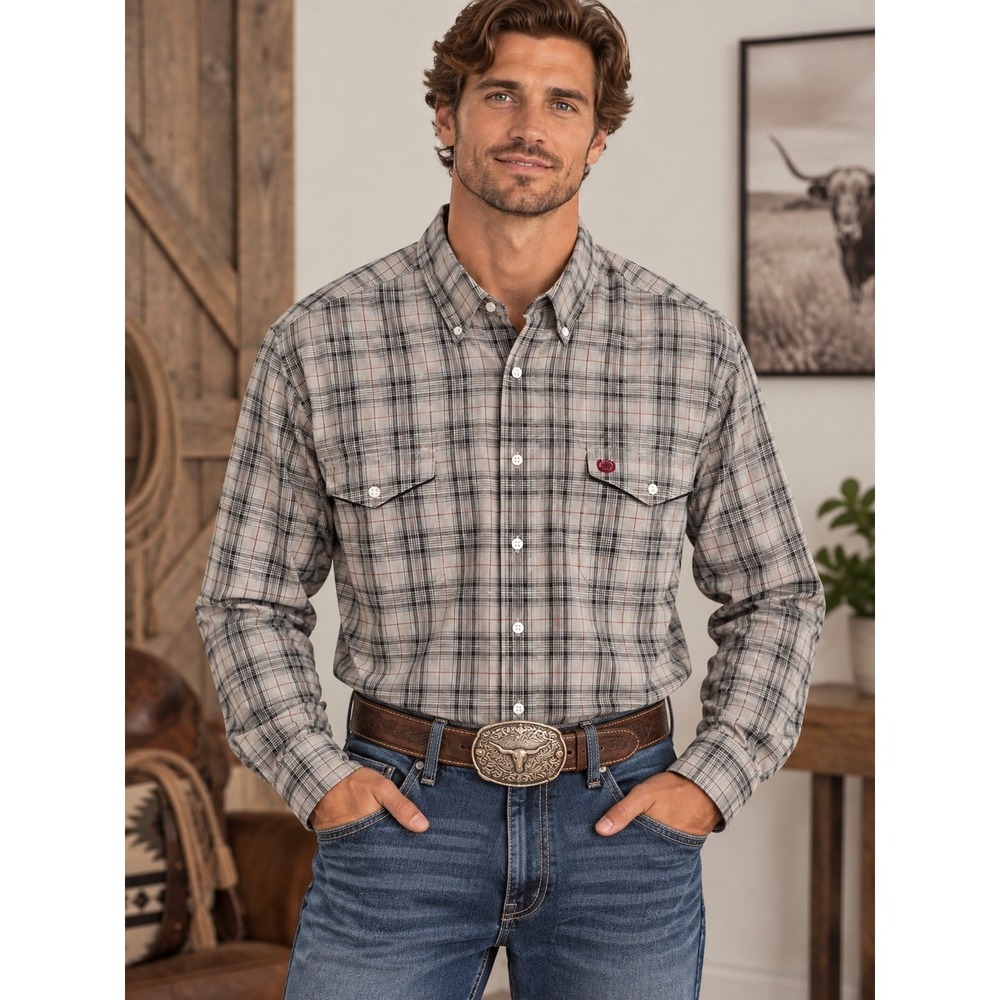 Cinch Mens XL Long Sleeve Plaid Western Button Down Shirt Tan Black MT7979